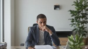 Man in suit looking thoughtfully at documents.