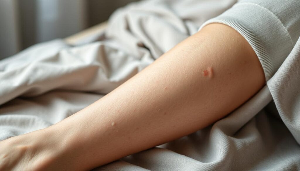 Allergie aux bas de contention : que faire en cas de cloque ? 2 A close-up shot of a person's lower leg, gently resting on a soft, soothing fabric. The skin appears slightly reddened and irritated, indicating a reaction to compression stockings. The lighting is soft and diffused, creating a calming atmosphere. The background is blurred, keeping the focus on the affected area. Subtle highlights accentuate the texture of the skin, while shadows add depth and dimension. The overall mood is one of comfort and relief, hinting at the practical solutions that can alleviate the discomfort caused by the allergic reaction.