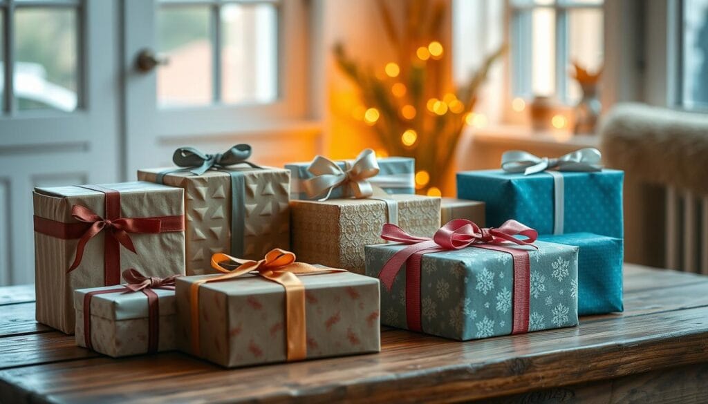 A cozy studio setting with an arrangement of various gift boxes on a wooden table. The boxes are wrapped in high-quality, textured papers and ribbons in a variety of colors and styles, suggesting a range of gift options. Soft, warm lighting from a nearby window casts a gentle glow, accentuating the textures and colors. The background is slightly blurred, keeping the focus on the carefully curated gift box display. The overall mood is one of thoughtfulness, attention to detail, and the anticipation of giving a special gift.