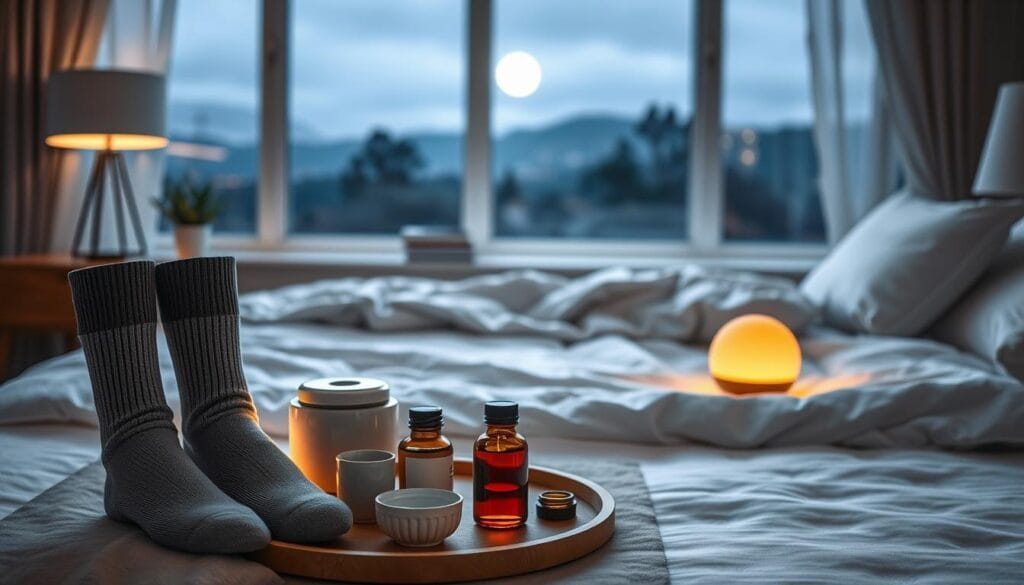 Dormir avec chaussettes de contention : nos conseils pratiques 3 A cozy, well-lit bedroom scene with a variety of natural sleep aids arranged on a bedside table. In the foreground, a set of compression socks, herbal teas, and a small essential oil diffuser casting a warm glow. In the middle ground, a large, plush bed with crisp white linens and a few calming books stacked neatly. The background features a large window overlooking a serene, moonlit landscape, creating a sense of tranquility. The overall mood is one of relaxation and an invitation to peaceful slumber, reflecting the practical alternatives to traditional sleep methods.