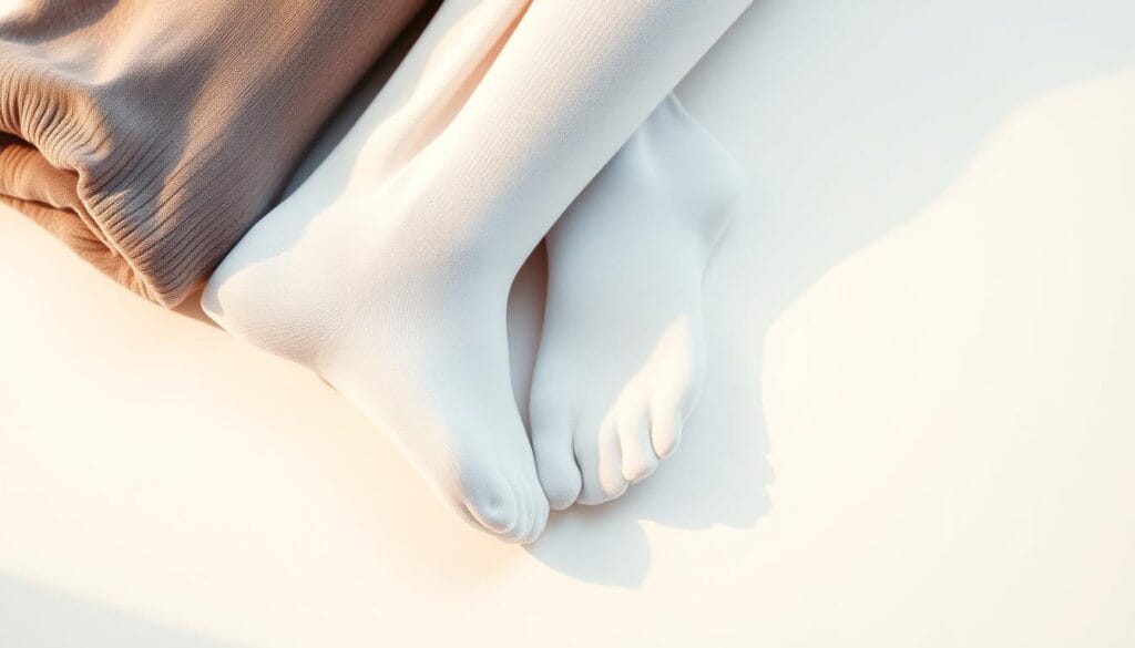 Allergie aux bas de contention : que faire en cas de cloque ? 1 A crisp, close-up image of several hypoallergenic medical compression stockings or legwear, neatly arranged on a clean, white background. The materials used, such as breathable fabrics and soft linings, are clearly visible, conveying a sense of comfort and gentleness on the skin. Warm, natural lighting gently accentuates the textures and details, creating a soothing, clinical atmosphere. The overall composition emphasizes the low-irritation, allergy-friendly nature of these specialized garments, making them an ideal choice for those suffering from sensitive skin conditions.