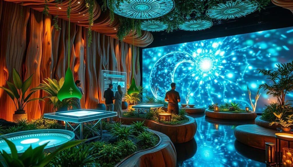 A lavish and captivating interactive thematic décor, illuminated by a warm and inviting ambiance. In the foreground, a harmonious blend of natural elements like textured wood and lush greenery creates a serene, spa-like atmosphere. Floating in the middle ground, holographic displays and digital interfaces seamlessly integrate with the organic surroundings, enabling visitors to customize and control the sensory experience. The background features a dynamic, ever-changing canvas of projection-mapped visuals, subtly shifting colors, and mesmerizing light patterns that immerse the viewer in a state of tranquility and mindfulness. A balance of high-tech and natural aesthetics, this interactive décor evokes a sense of wellness, relaxation, and connection with one's environment. A lavish and captivating interactive thematic décor, illuminated by a warm and inviting ambiance. In the foreground, a harmonious blend of natural elements like textured wood and lush greenery creates a serene, spa-like atmosphere. Floating in the middle ground, holographic displays and digital interfaces seamlessly integrate with the organic surroundings, enabling visitors to customize and control the sensory experience. The background features a dynamic, ever-changing canvas of projection-mapped visuals, subtly shifting colors, and mesmerizing light patterns that immerse the viewer in a state of tranquility and mindfulness. A balance of high-tech and natural aesthetics, this interactive décor evokes a sense of wellness, relaxation, and connection with one's environment.
