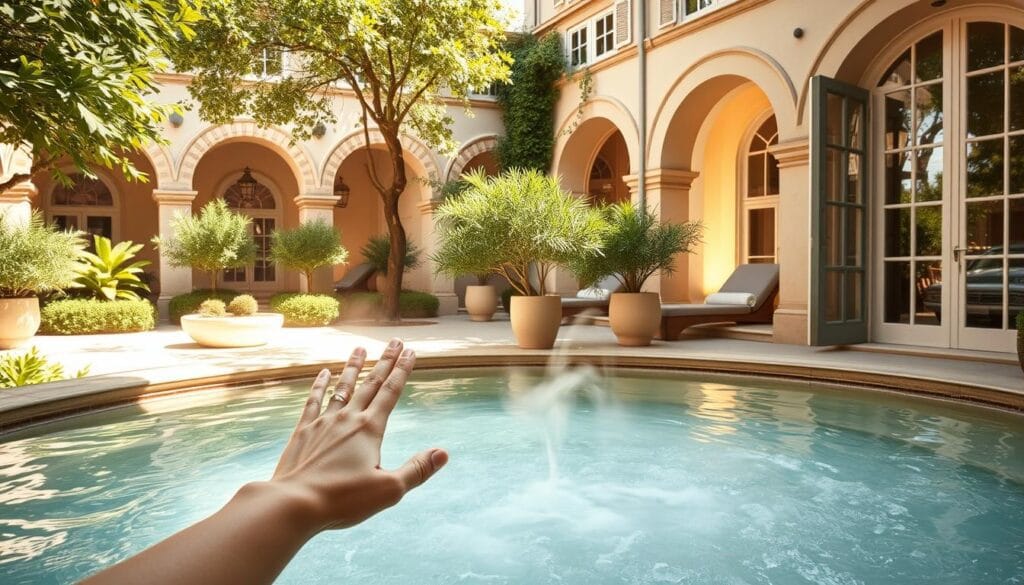 Therme Sextius : détente et bien-être dans un cadre exceptionnel 1 A luxurious spa in the heart of Aix-en-Provence, France. The serene, sun-dappled courtyard is surrounded by lush greenery and elegant stone arches. In the foreground, a women's hand reaches into a bubbling, mineral-rich thermal pool, the steam curling gently upwards. Soft, natural lighting filters through the large windows, casting a warm, relaxing glow over the tranquil treatment rooms where guests indulge in restorative massages and rejuvenating facials. The overall atmosphere is one of absolute tranquility and well-being, inviting visitors to unwind and immerse themselves in the renowned wellness traditions of this historic Provençal town.