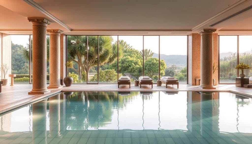 Therme Sextius : détente et bien-être dans un cadre exceptionnel 3 A luxurious spa nestled in the historic city of Aix-en-Provence, France. In the foreground, a tranquil indoor pool surrounded by elegant stone columns and tiled floors, the water's surface reflecting the warm lighting above. In the middle ground, plush lounge chairs and massage tables, where guests indulge in soothing treatments. In the background, large windows offer breathtaking views of the lush, verdant gardens outside, creating a serene, immersive sensory experience. The atmosphere is one of pure relaxation, with soft, natural hues, subtle floral scents, and the gentle sound of cascading water. A high-end, sophisticated spa retreat, capturing the essence of wellness and tranquility in Aix-en-Provence.