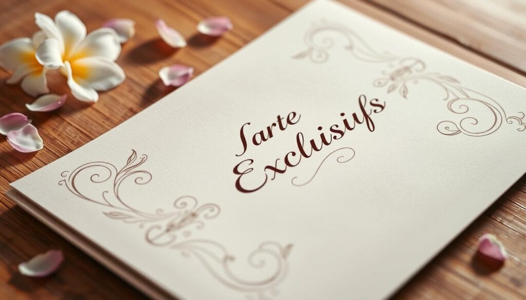A luxurious spa treatment menu, elegantly displayed on a wooden surface with a soft, natural lighting. The menu features intricate calligraphic designs, highlighting the "Carte Soins Exclusifs" title in a sophisticated font. Surrounding the menu are delicate flower petals, evoking a sense of tranquility and indulgence. The overall composition emphasizes the exclusivity and high-end nature of the spa's specialized treatments, inviting the viewer to immerse themselves in a truly exceptional wellness experience. A luxurious spa treatment menu, elegantly displayed on a wooden surface with a soft, natural lighting. The menu features intricate calligraphic designs, highlighting the "Carte Soins Exclusifs" title in a sophisticated font. Surrounding the menu are delicate flower petals, evoking a sense of tranquility and indulgence. The overall composition emphasizes the exclusivity and high-end nature of the spa's specialized treatments, inviting the viewer to immerse themselves in a truly exceptional wellness experience.