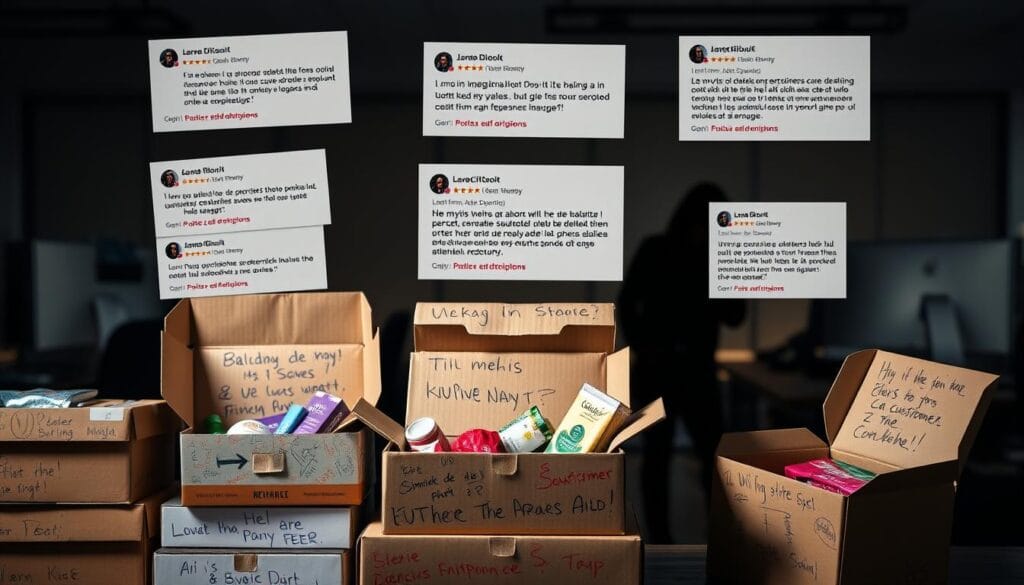 A meticulously detailed image showcasing negative customer reviews and frequent criticisms of gift box subscriptions. In the foreground, a stack of open gift boxes displaying various products, each adorned with handwritten comments and scribbles. In the middle ground, a collage of customer review excerpts hovering above the boxes, expressing dissatisfaction with shipping delays, product quality, and customer service. The background features a muted, corporate-style office environment, with desks, computers, and the blurred silhouettes of disgruntled customers. Moody lighting casts long shadows, conveying a sense of frustration and disappointment. The overall composition evokes a somber, critical tone, reflecting the "Avis négatifs et critiques récurrentes" section of the article.