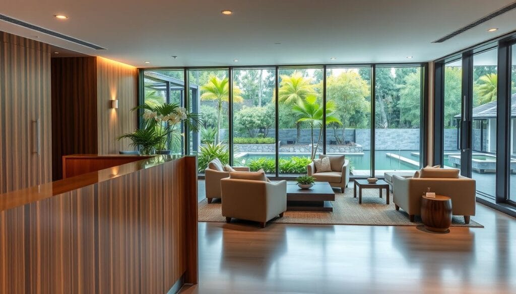 A modern, luxurious spa interior with a serene atmosphere. The foreground features a sleek, wooden reception desk with a minimalist design. In the middle ground, plush armchairs and sofas in neutral tones are arranged around a low coffee table, creating a cozy lounge area. The background showcases a floor-to-ceiling window that frames a tranquil outdoor landscape, with lush greenery and a calming water feature visible beyond. The lighting is soft and warm, casting a gentle glow throughout the space. The overall aesthetic conveys a sense of relaxation, well-being, and high-end sophistication, inviting visitors to unwind and indulge in the spa's offerings. A modern, luxurious spa interior with a serene atmosphere. The foreground features a sleek, wooden reception desk with a minimalist design. In the middle ground, plush armchairs and sofas in neutral tones are arranged around a low coffee table, creating a cozy lounge area. The background showcases a floor-to-ceiling window that frames a tranquil outdoor landscape, with lush greenery and a calming water feature visible beyond. The lighting is soft and warm, casting a gentle glow throughout the space. The overall aesthetic conveys a sense of relaxation, well-being, and high-end sophistication, inviting visitors to unwind and indulge in the spa's offerings.
