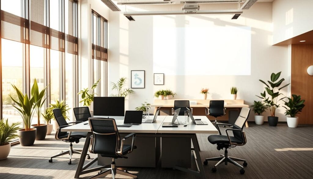 Explorez les Kalendes : Expertise et innovation à votre service 1 A modern, well-equipped office interior with a large, central workstation. The space is flooded with natural light streaming through floor-to-ceiling windows, casting a warm, inviting glow. In the foreground, a sleek, customizable desk setup with a high-end computer, tablet, and various productivity tools. The middle ground features stylish, ergonomic office chairs arranged in a collaborative configuration. The background showcases vibrant potted plants, minimalist wall decor, and a large, company logo projected onto the far wall, creating a professional, yet personalized atmosphere. The lighting is subtle and balanced, accentuating the clean, sophisticated design. The overall scene conveys a sense of productivity, innovation, and a tailored business solution.