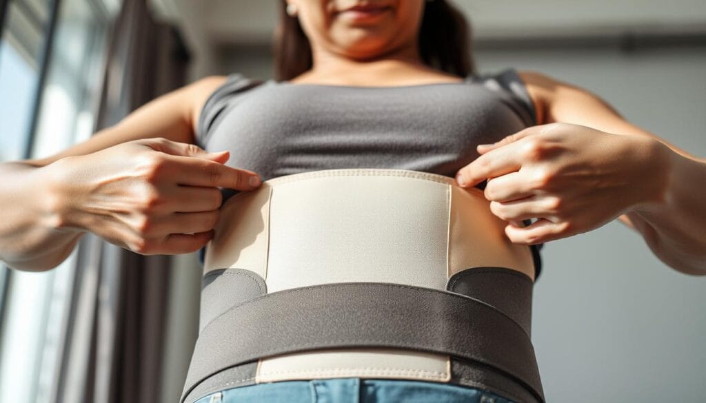 Ceinture pour mal de dos : Guide d'achat et utilisation 3 A person adjusting a lower back brace or support belt, shot from a low angle with natural lighting. The figure is centered in the frame, with the hands and belt clearly visible in the foreground. The middle ground shows the upper body and face in focus, while the background is slightly blurred to emphasize the subject. The overall mood is one of concentration and care, with a calm, neutral expression on the person's face as they meticulously adjust the belt to provide optimal lumbar support. The image conveys a sense of purpose and attention to detail in the process of correctly fitting the back support device.