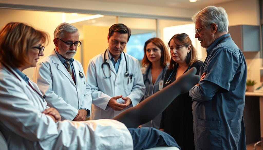 Dormir avec chaussettes de contention : nos conseils pratiques 2 A professional healthcare setting with doctors, nurses, and medical experts gathered around a patient, intently discussing compression stockings and compression therapy. The scene is well-lit, with warm, soft lighting highlighting the concentration on the faces of the medical professionals as they provide their recommendations. The background is blurred, keeping the focus on the group in the foreground. The atmosphere conveys a sense of expertise, care, and a collaborative approach to the patient's wellbeing.