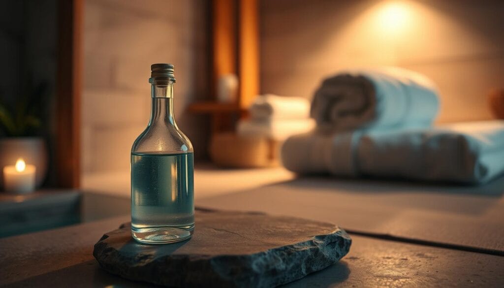 A serene, dimly lit spa setting. In the foreground, a delicate glass bottle filled with a calming, pale blue massage oil rests on a smooth, stone surface. Soft, warm lighting casts a soothing glow, creating an atmosphere of tranquility. In the middle ground, plush white towels and a fluffy robe hint at the luxurious pampering to come. The background features a minimalist, zen-inspired interior with neutral tones and natural wooden accents, evoking a sense of relaxation and well-being. The overall scene conveys a personalized, high-end spa experience tailored to the individual. A serene, dimly lit spa setting. In the foreground, a delicate glass bottle filled with a calming, pale blue massage oil rests on a smooth, stone surface. Soft, warm lighting casts a soothing glow, creating an atmosphere of tranquility. In the middle ground, plush white towels and a fluffy robe hint at the luxurious pampering to come. The background features a minimalist, zen-inspired interior with neutral tones and natural wooden accents, evoking a sense of relaxation and well-being. The overall scene conveys a personalized, high-end spa experience tailored to the individual.