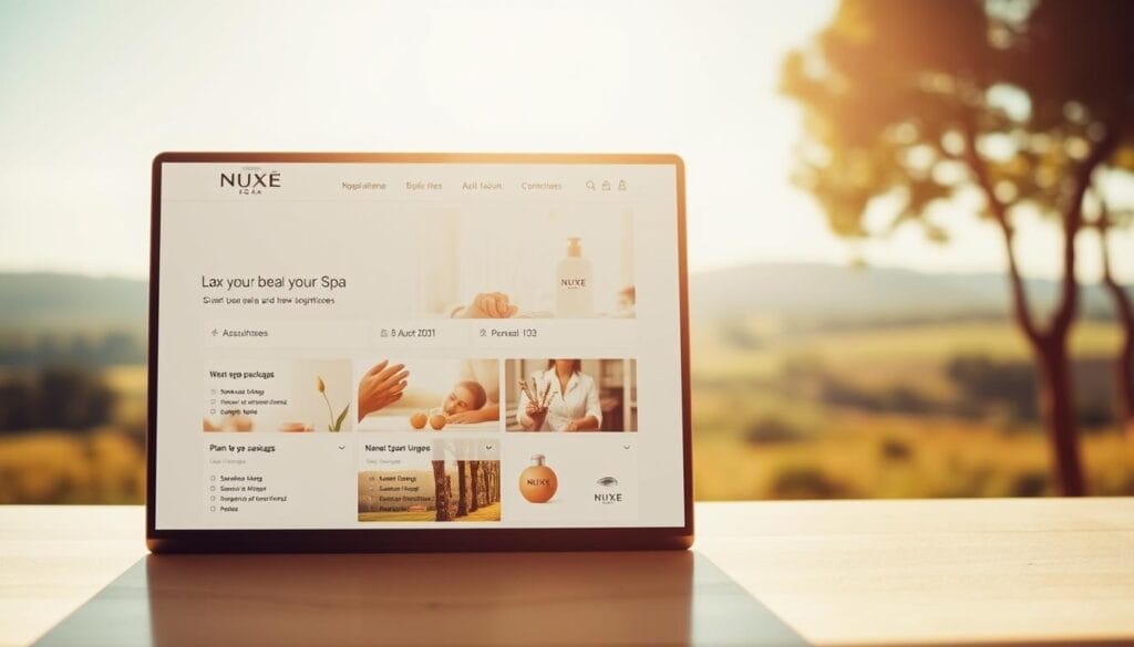 A serene, sun-drenched scene of an online booking interface for a luxurious Nuxe Spa. In the foreground, a sleek, minimalist webpage displays available spa packages and appointment times, inviting the viewer to effortlessly plan their ultimate relaxation experience. The middle ground features soothing, nature-inspired imagery and icons, hinting at the calming ambiance of the spa. The background is a soft, blurred vista of a tranquil countryside, evoking a sense of escape and rejuvenation. Warm, diffused lighting creates a welcoming, spa-like atmosphere, while the clean, elegant design exudes an air of professionalism and attention to detail. A serene, sun-drenched scene of an online booking interface for a luxurious Nuxe Spa. In the foreground, a sleek, minimalist webpage displays available spa packages and appointment times, inviting the viewer to effortlessly plan their ultimate relaxation experience. The middle ground features soothing, nature-inspired imagery and icons, hinting at the calming ambiance of the spa. The background is a soft, blurred vista of a tranquil countryside, evoking a sense of escape and rejuvenation. Warm, diffused lighting creates a welcoming, spa-like atmosphere, while the clean, elegant design exudes an air of professionalism and attention to detail.