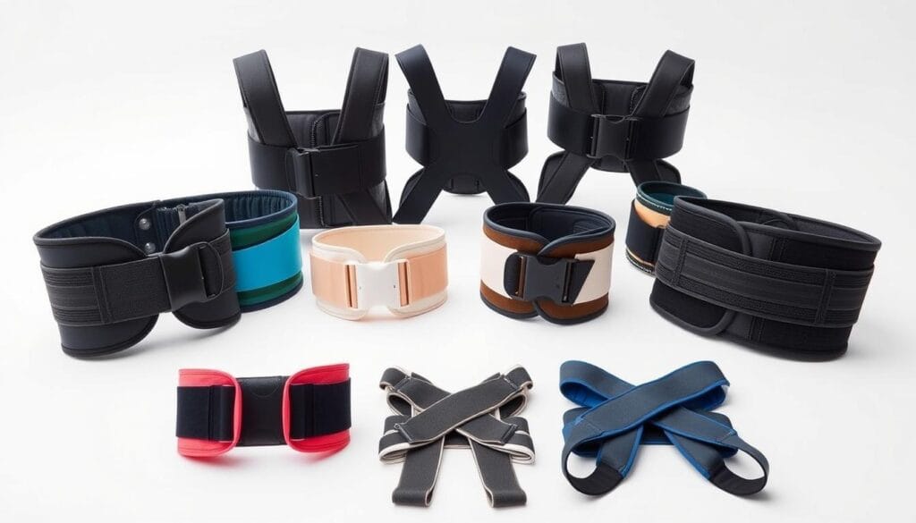 Ceinture pour mal de dos : Guide d'achat et utilisation 2 A vibrant and informative display of various types of lumbar belts, showcased against a clean, minimalist background. The foreground features a diverse arrangement of these medical devices, each crafted with meticulous attention to detail, ranging from simple elastic bands to more advanced, multi-strap designs. The middle ground provides a clear view of the unique features and functions of each belt, allowing the viewer to appreciate the nuances in construction and intended use. The background maintains a neutral, white palette, allowing the products to take center stage and be the focus of the image. Subtle lighting from above casts a soft, even glow, highlighting the textures and materials of the belts. The overall composition conveys a sense of clinical precision and educational clarity, suitable for inclusion in a comprehensive guide on back pain management.