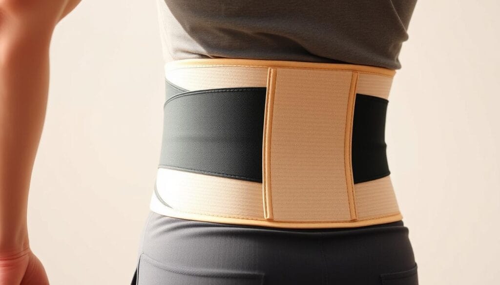 Ceinture pour mal de dos : Guide d'achat et utilisation 1 A well-fitted back support belt worn by a person with lower back pain, showcased against a clean, bright background. The belt should be adjustable, made of breathable materials, and designed to provide targeted compression and support to the lumbar region. Soft lighting from the side highlights the contours of the belt, emphasizing its ergonomic shape and construction. The image should convey a sense of comfort, relief, and the potential for the belt to alleviate discomfort associated with back issues.