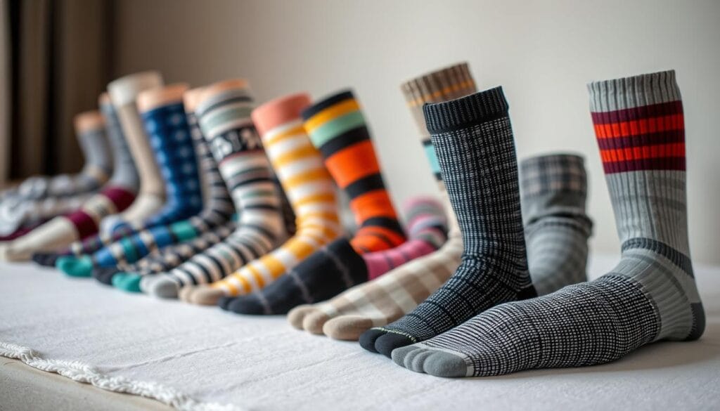 Allergie aux bas de contention : que faire en cas de cloque ? 3 A well-lit and sharply focused image capturing a variety of alternative compression stockings and socks. In the foreground, a selection of colorful and patterned hosiery options, ranging from sheer medical-grade compression garments to more casual and stylish knit knee-high socks. The middle ground showcases the different materials, textures, and levels of compression, allowing the viewer to appreciate the diversity of alternatives to traditional compression stockings. The background fades softly, drawing the eye to the main subject matter and highlighting the thoughtful curation of the alternative options. The overall mood is one of practicality and fashion-forward design, suggesting these alternatives can meet both medical and aesthetic needs.