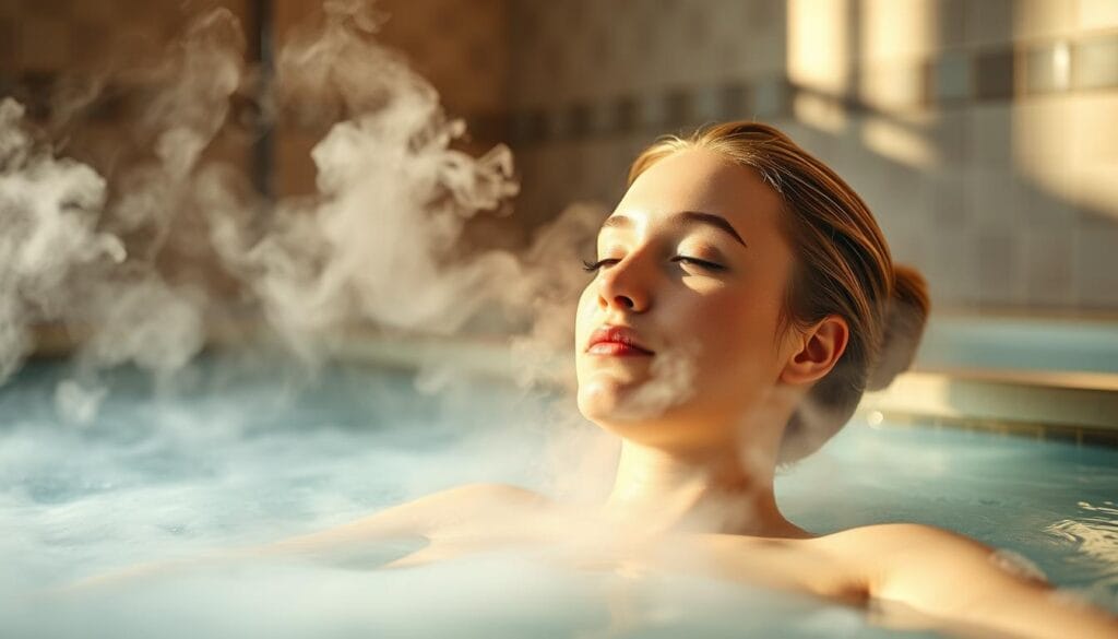 Therme Sextius : détente et bien-être dans un cadre exceptionnel 2 Lifelike scene of a person relaxing in a thermal spa, with steam rising from the water and soft natural lighting casting a warm glow. The bather's face shows a serene, rejuvenated expression as they experience the therapeutic benefits of the hydrothermal treatment, improving their blood circulation. The spa's interior features elegant tiled walls and a soothing, calming atmosphere, inviting the viewer to imagine the restorative and tranquil experience. The overall composition conveys a sense of well-being, relaxation, and the revitalizing power of hydrotherapy.