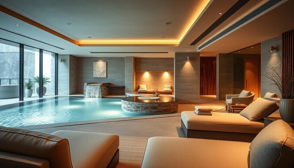 Prompt A luxurious, serene spa interior with a tranquil atmosphere. In the foreground, a minimalist lounging area with plush, neutral-toned seating invites guests to unwind. The middle ground features a large, soothing water feature, such as a tranquil pool or cascading fountain, reflecting the soft lighting. The background showcases high-end, earthy-toned finishes, like natural stone walls and wooden accents, creating a calming, high-end ambiance. Soft, diffused lighting from overhead fixtures and natural light sources bathes the scene in a warm, golden glow, enhancing the sense of relaxation and rejuvenation. The overall composition evokes a luxurious, yet serene and peaceful, spa experience. Prompt A luxurious, serene spa interior with a tranquil atmosphere. In the foreground, a minimalist lounging area with plush, neutral-toned seating invites guests to unwind. The middle ground features a large, soothing water feature, such as a tranquil pool or cascading fountain, reflecting the soft lighting. The background showcases high-end, earthy-toned finishes, like natural stone walls and wooden accents, creating a calming, high-end ambiance. Soft, diffused lighting from overhead fixtures and natural light sources bathes the scene in a warm, golden glow, enhancing the sense of relaxation and rejuvenation. The overall composition evokes a luxurious, yet serene and peaceful, spa experience.