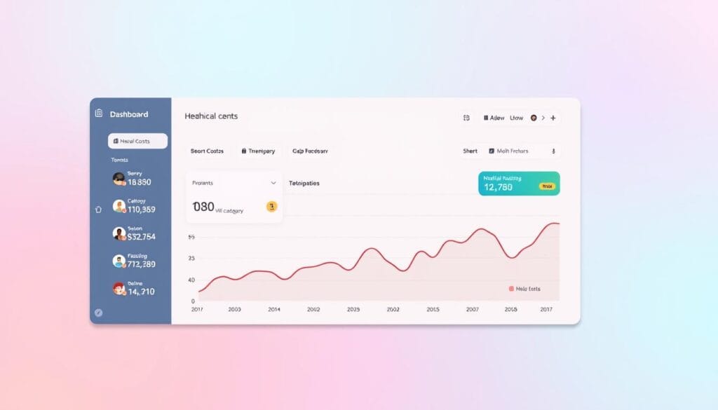 iSanté : gestion simple de votre mutuelle santé 2 A clean, modern dashboard interface displaying an overview of healthcare expenses. In the foreground, a detailed graph charts the user's medical costs over time, with intuitive visualizations and breakdowns by category. The middle ground features a sidebar with interactive controls to filter and analyze the data. In the background, a soft, pastel-hued gradient creates a calming, professional atmosphere. Crisp typography, minimalist iconography, and a restrained color palette convey the platform's sophisticated yet user-friendly approach to personal healthcare management.