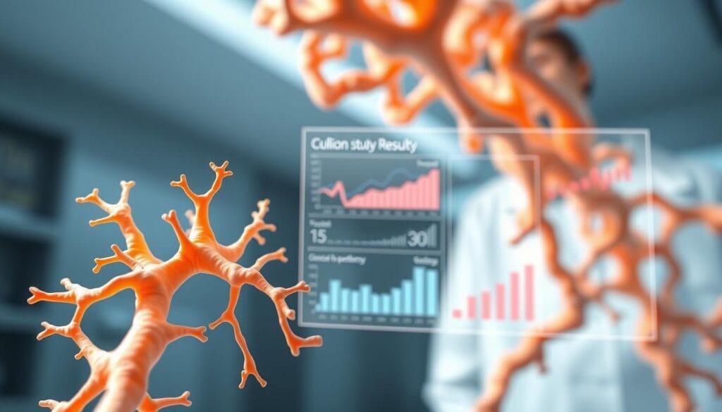 Newa : soins anti-âge à technologie radiofréquence 2 A clinical study result display featuring a well-defined collagen structure, with a clean, professional appearance. The foreground showcases a close-up view of the collagen network, its intricate fibers and interconnected matrix, conveyed through a high-resolution, photorealistic rendering. The middle ground presents data visualizations, charts, and graphs illustrating the clinical findings, rendered in a minimalist, data-driven style. The background features a subtle, out-of-focus medical or scientific setting, providing context without distracting from the main elements. Lighting is soft and diffused, creating depth and highlighting the textural details of the collagen structure. The overall mood is one of scientific rigor, clarity, and evidence-based clinical efficacy.