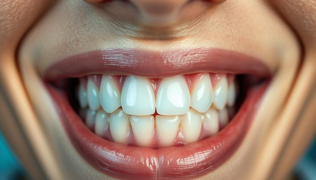 Dents incisives : rôle, caractéristiques et soins spécifiques 3 A close-up view of a person's anterior teeth, showcasing their intricate structure and the delicate care required to maintain them. The teeth are illuminated by a soft, diffused light, highlighting their translucent enamel and the subtle contours of the gumline. The composition emphasizes the importance of proper oral hygiene, with a focus on the unique characteristics and specific needs of the incisors. The image conveys a sense of clinical precision and attention to detail, reflecting the specialized care required for these essential front teeth.