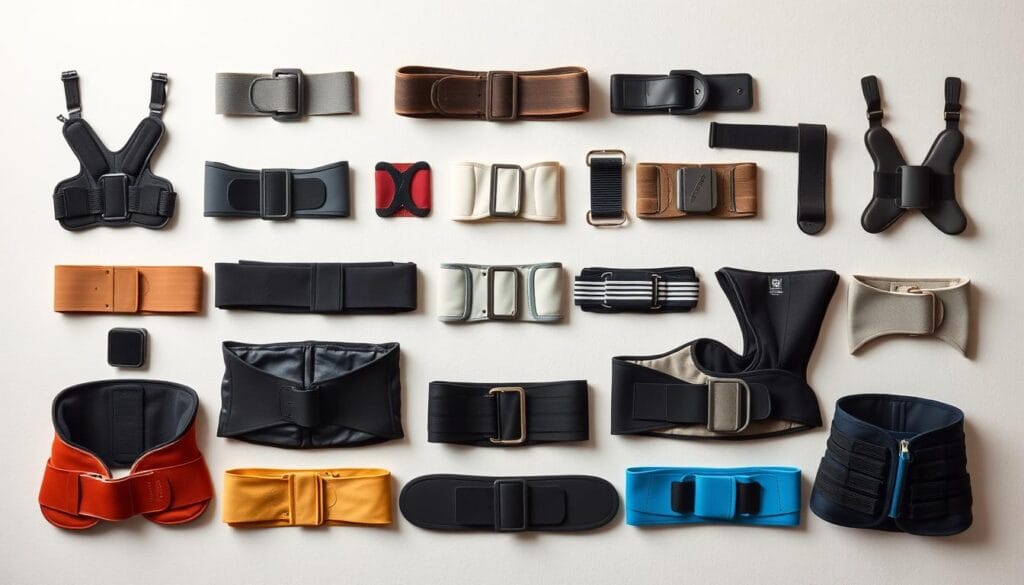 Ceinture Lombaire Sciatique : Avis et Test Complet 1 A comparative display of various types of lumbar belts, showcasing their unique designs and features. The centerpiece depicts an array of belts in different materials, colors, and styles, arranged in a visually appealing layout. The background features a soft, neutral tone, allowing the belts to stand out. Subtle lighting casts gentle shadows, emphasizing the contours and textures of the products. The camera angle is slightly elevated, providing a comprehensive view of the collection. The overall mood is one of informative clarity, highlighting the diversity and functionality of these specialized lumbar supports.