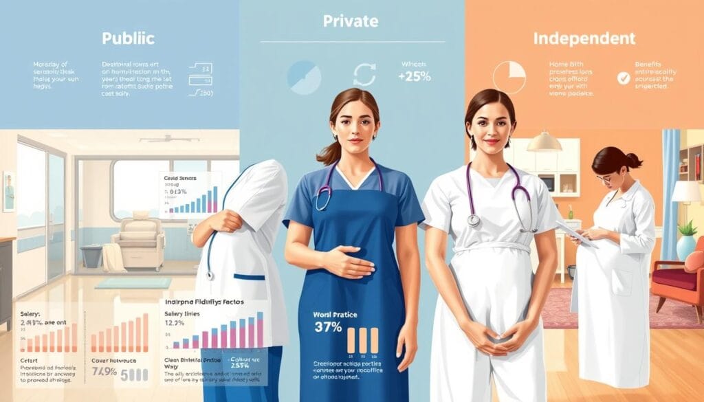 Salaire sage-femme 2025 : grille, évolution et primes 2 A comparative illustration showcasing the public, private, and independent midwifery sectors. In the foreground, three female midwives stand side by side, each wearing distinct uniforms - blue for public, white for private, and a clean smock for independent practice. Their expressions convey professionalism and dedication. In the middle ground, detailed graphs and charts depict key metrics like salary ranges, benefits, and workloads for each sector. The background features a serene hospital ward, a bustling private clinic, and a cozy home birth setting, all bathed in warm, natural lighting to emphasize the diverse work environments. The overall composition highlights the nuances and contrasts between the three midwifery career paths.