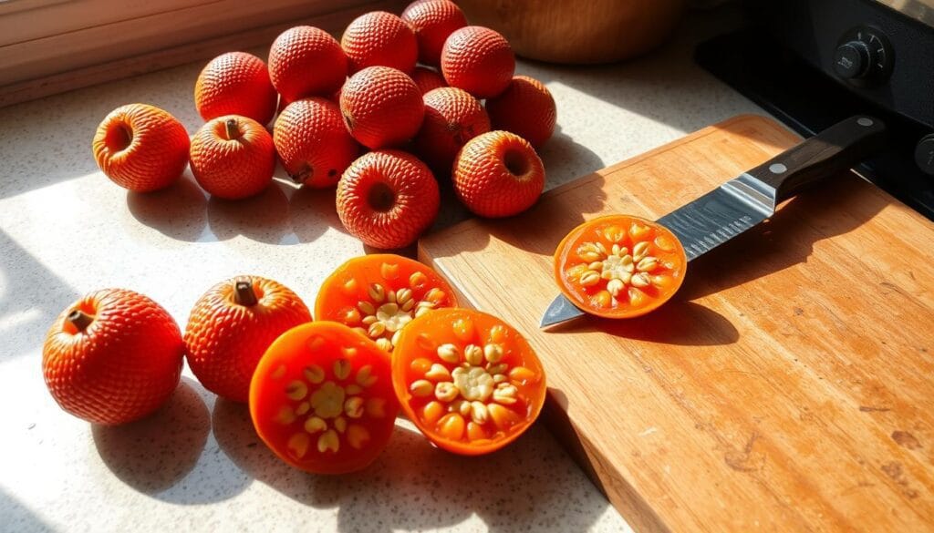 Fruit de l'arbousier : toxique ou comestible ? La vérité 3 A cozy kitchen counter, the surface glistening with morning light. Atop it, a collection of fresh, ripe arbutus fruits - their distinctive orange-red hue and textured skin evoking the bounty of nature. Nearby, a wooden cutting board awaits, its edges worn by years of use. A sharp knife rests nearby, ready to slice into the succulent flesh, revealing the tiny seeds within. The scene is one of calm preparation, as the cook carefully inspects each fruit, selecting the ripest and most flavorful for a delectable arbutus jam. The air is filled with the sweet, slightly tart aroma, hinting at the delicious preserve to come. A sense of artisanal craftsmanship pervades the moment, a celebration of nature's gifts and the care taken to transform them into a culinary delight.