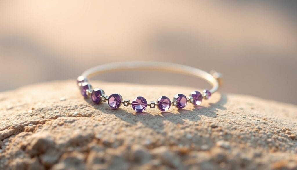 Améthyste : dangers potentiels et précautions à prendre 3 A delicate amethyst bracelet rests on a serene, natural backdrop. The bracelet's faceted gems catch the soft, diffused light, emitting a warm, calming glow. Placed against a muted, earthy tone, the bracelet's elegant curves and subtle sparkle create a sense of understated luxury and mindful, everyday wear. The composition emphasizes the bracelet's inherent beauty and the wearer's intentional, thoughtful approach to accessorizing. This image evokes a mood of quiet sophistication and responsible, considered use of amethyst, in line with the article's focus on the responsible incorporation of this gemstone into daily life.