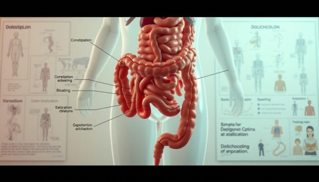 Dolichocôlon : symptômes, causes et traitements naturels 1 A detailed anatomical illustration of the symptoms and complications of dolichocolon. The foreground depicts the elongated and dilated colon, with clear visual representations of common issues such as constipation, bloating, and abdominal pain. The middle ground showcases the gastrointestinal tract, highlighting the location and extent of the dolichocolic segment. The background incorporates subtle medical illustrations and diagrams to provide context and technical information. The lighting is soft and evenly distributed, creating a clinical yet informative atmosphere. The image is rendered with a precise, technical style using a high-resolution camera lens to capture intricate anatomical details.