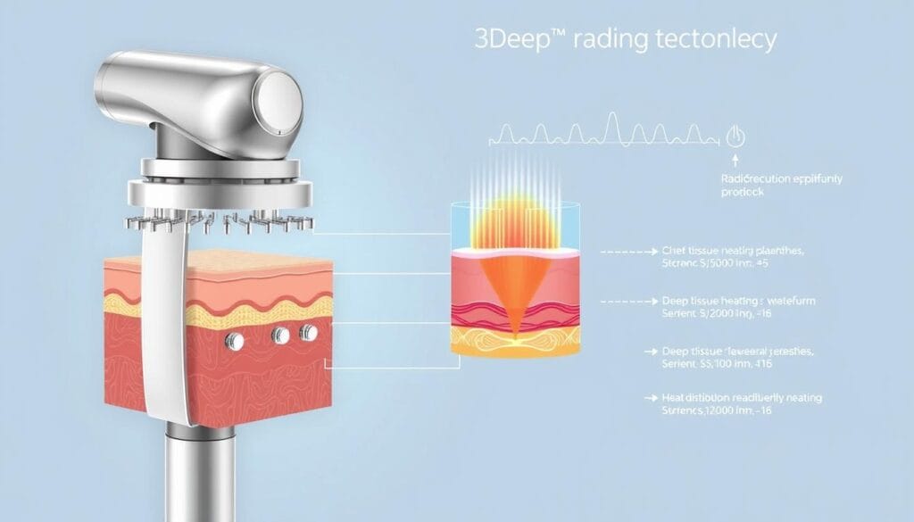 Newa : soins anti-âge à technologie radiofréquence 1 A detailed cross-section diagram illustrating the 3DEEP radiofrequency technology. The foreground depicts the multilayered handpiece, with sleek metallic casing and precisely arranged electrode arrays. The middle ground showcases the skin's epidermal and dermal layers, with clear visualization of the deep tissue heating mechanism. The background features a minimalist technical schematic, highlighting the radiofrequency waveform parameters and heat distribution patterns. The overall aesthetic is clean, scientific, and technical, conveying the advanced nature of this anti-aging skincare technology. Subtle blue and gray tones create a clinical, yet visually striking atmosphere.