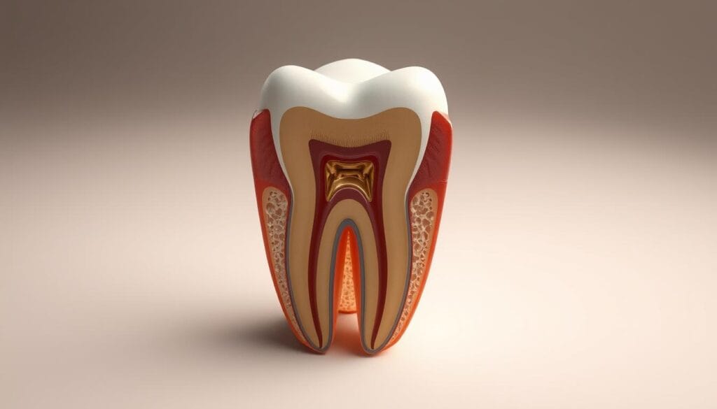 Dents incisives : rôle, caractéristiques et soins spécifiques 2 A detailed cross-section illustration of a human incisor tooth, shown in a clinical anatomical perspective. The tooth is rendered with precise realism, highlighting the distinct structures including the enamel, dentin, pulp cavity, and root. The image is illuminated by soft, directional lighting to accentuate the tooth's intricate features and internal composition. The background is a muted, neutral palette to keep the focus on the dental anatomy. The overall mood is informative and educational, conveying the complex functions and characteristics of the incisor teeth.