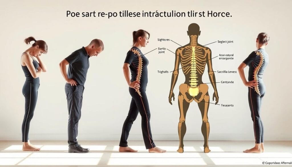 Dysfonction sacro-iliaque : 8 postures à éviter absolument 2 A detailed illustration of harmful sacroiliac joint postures. In the foreground, a person in various awkward positions that strain the sacroiliac joint, such as slouching, twisting the torso, or bearing weight unevenly. The middle ground shows the anatomy of the sacroiliac joint, with clear labels pointing to areas of potential dysfunction. The background depicts a serene, minimalist environment, allowing the focus to remain on the subject matter. The lighting is soft and natural, creating a sense of calm and clarity. The overall tone is informative and educational, designed to visually convey the key points of the "Postures à risque et erreurs fréquentes" section.