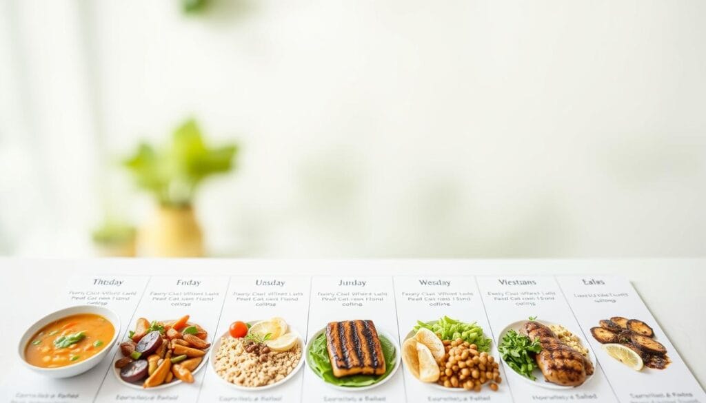 Soupe aux choux minceur : recette efficace et conseils 3 A detailed seven-day meal plan presented on a clean, modern layout. The foreground shows an organized grid of balanced, healthy dishes - a variety of soups, salads, grilled proteins, and whole grains. In the middle ground, subtle icons and infographics provide nutritional information and portion guidance. The background has a soft, blurred gradient in soothing shades of green, evoking a sense of wellness and weight management. The lighting is natural and diffused, with a slight vignette effect to draw the eye inward. The overall tone is minimal, elegant, and informative, reflecting the effectiveness and simplicity of the weight loss program.
