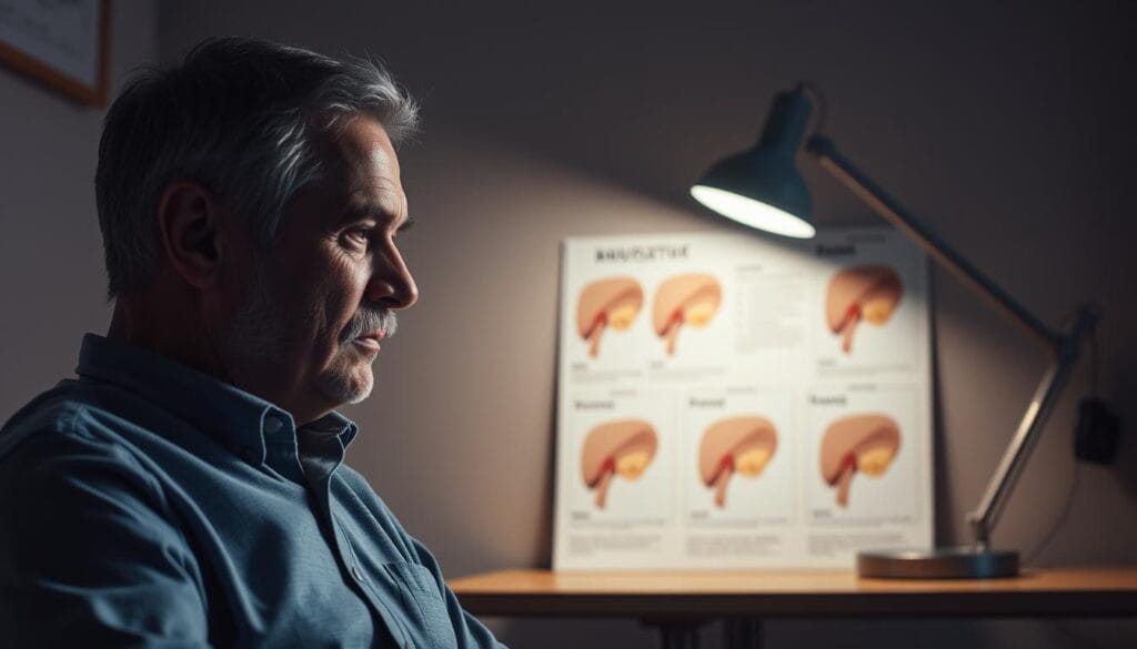 Prostate : 6 habitudes qui nuisent à votre santé masculine 3 A dimly lit doctor's office, the warm glow of a desk lamp casting a soft light on a series of anatomical diagrams depicting the prostate gland. In the foreground, a middle-aged man sits attentively, his expression thoughtful as he reviews the information presented. The background is muted, with subtle textures and shadows that create a sense of contemplation and introspection. The lighting is carefully balanced, accentuating the details of the diagrams and the man's face, conveying a sense of seriousness and medical expertise. The overall atmosphere is one of awareness and preventive care, setting the stage for a deeper understanding of prostate health and potential complications.