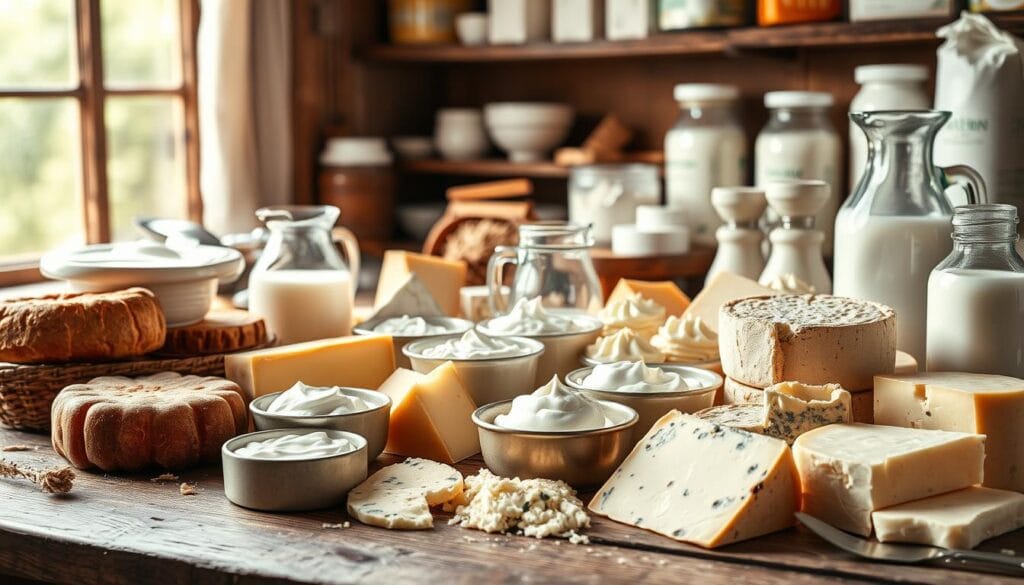 Caséum : 10 aliments à éviter pour prévenir sa formation 1 A high-resolution, photorealistic image of an assortment of dairy products and cheese, displayed on a rustic wooden table, illuminated by warm, natural lighting filtering through a window. The foreground features a variety of artisanal cheeses, including soft, creamy bries, firm cheddars, and pungent blue-veined varieties, arranged with care. In the middle ground, there are bowls of fresh yogurt, sour cream, and cottage cheese, complemented by a glass pitcher of fresh milk. The background showcases an array of dairy-based ingredients, such as blocks of butter, cartons of heavy cream, and jars of curd. The overall composition and color palette evoke a sense of wholesome, traditional dairy production, conveying the influence of dairy products on the formation of caséum.