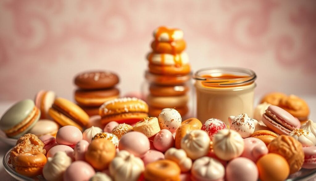 Caséum : 10 aliments à éviter pour prévenir sa formation 2 A lavish still life arrangement featuring an assortment of sugary confections and dairy-based treats. In the foreground, a plate overflows with colorful macarons, éclairs, and meringues, their delicate textures and glossy glazes glistening under warm, soft lighting. In the middle ground, a tower of decadent cream-filled profiteroles stands tall, accompanied by a glass jar brimming with caramel-drizzled crème brûlée. The background is a hazy blur of pastel hues, creating a dreamy, indulgent atmosphere that evokes the rich, creamy texture of the dairy-based desserts. Captured with a shallow depth of field and a slightly off-center composition to draw the eye towards the sumptuous array of sugary delights.