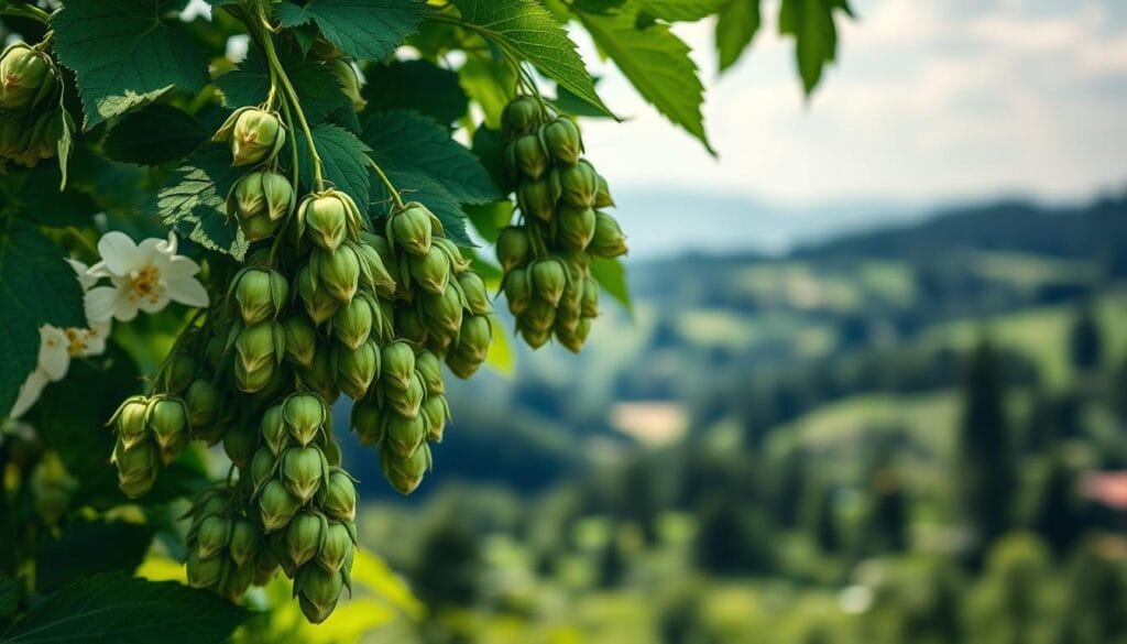 Houblon sauvage : reconnaître, cueillir et utiliser 3 A lush, verdant close-up of wild hops, their vibrant green leaves and delicate golden flowers illuminated by soft, natural lighting. The intricate, cone-shaped hops cascade down the frame, highlighting their complex, spiral structures. In the background, a blurred, dreamlike landscape of rolling hills and distant forests creates a sense of tranquility and balance. The overall composition conveys the vitality and therapeutic potential of this versatile plant, inviting the viewer to consider its many health benefits.
