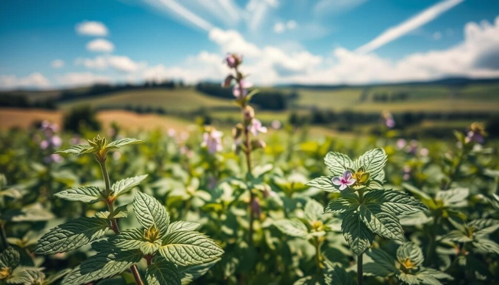 Menthe sauvage : variétés, bienfaits et modes d'utilisation 1 A lush, vibrant field of wild mint plants, their deep green leaves and delicate purple flowers swaying gently in a soft breeze. Sunlight filters through wispy clouds, casting a warm, natural glow over the scene. In the foreground, several mint leaves are prominently displayed, their intricate veins and serrated edges captured in exquisite detail. The middle ground features a cluster of the aromatic plants, their stems intertwined and their blossoms opening to reveal their delicate centers. The background showcases a serene, pastoral landscape, with rolling hills and a hint of a distant forest. The overall composition conveys the natural beauty and medicinal properties of this versatile herb.