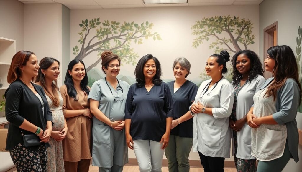 Salaire sage-femme 2025 : grille, évolution et primes 3 A mid-shot of a group of diverse, experienced midwives standing in a modern, well-equipped birthing clinic. They exude an air of professionalism, compassion, and deep expertise. The lighting is soft and natural, accentuating their focused expressions as they discuss patient care strategies. In the background, a mural depicts a serene, nature-inspired scene, symbolizing the holistic approach to their practice. The composition conveys a sense of respect, recognition, and the vital role these midwives play in supporting families during the transformative journey of childbirth.