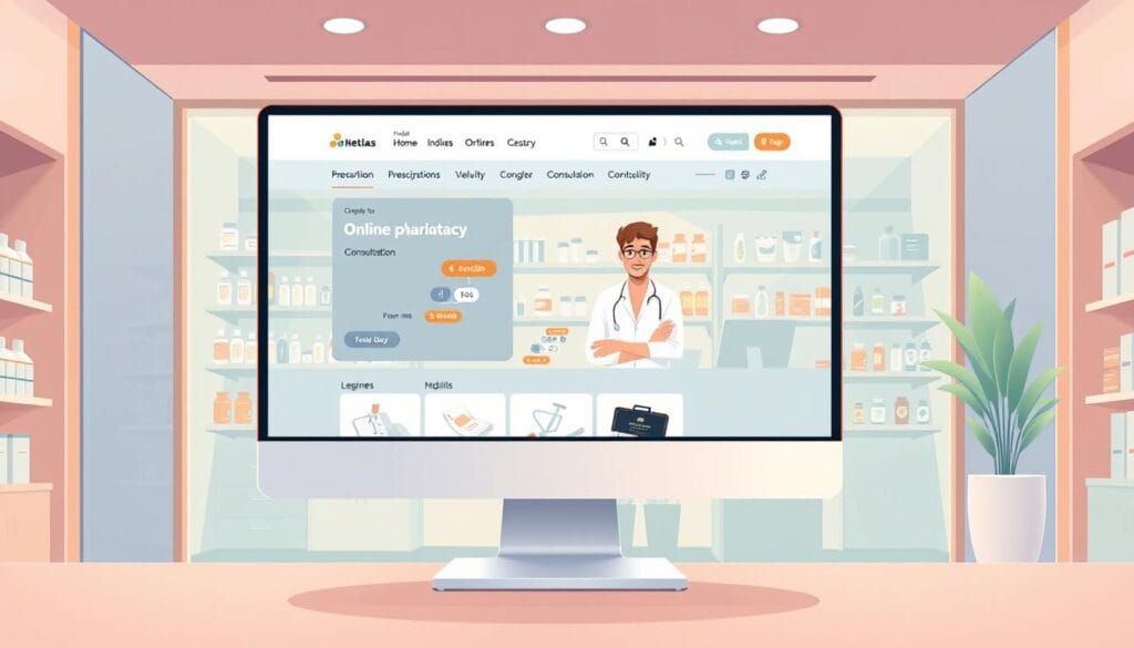 Pharmacie-Citypharma.fr : bons plans santé en ligne 2 A modern and well-organized online pharmacy storefront with a clean, minimalist design. The foreground features a desktop computer screen displaying an e-commerce website for purchasing various healthcare products, including prescription medications, over-the-counter drugs, and parapharmacy items. The middle ground showcases a professional pharmacist available for consultation, providing a personalized and trustworthy experience. The background depicts a softly lit, warm-toned interior with subtle branding elements, conveying a sense of professionalism and reliability. The overall mood is one of ease, efficiency, and accessibility, reflecting the convenience of online healthcare shopping.