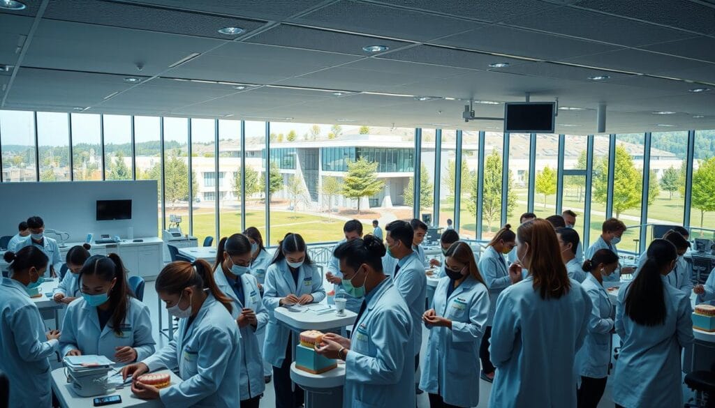Stomatologue : définition, rôle et spécialités expliqués 3 A modern, well-equipped dental school campus with a bustling atmosphere. In the foreground, a group of students in white lab coats and scrubs examining dental models and practicing procedures under the guidance of experienced instructors. The middle ground features state-of-the-art dental simulation clinics and lecture halls, filled with the latest technology and equipment. In the background, a sleek, contemporary building with large windows overlooking a lush, landscaped campus. Soft, directional lighting illuminates the scene, creating a professional and educational ambiance. The overall composition conveys the rigor, hands-on training, and advanced facilities that define the stomatology field.