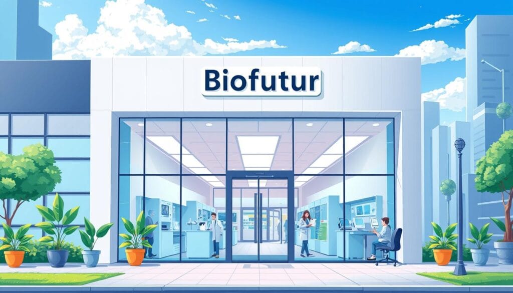 Biofutur : vos analyses médicales près de chez vous 2 A modern, well-equipped medical laboratory located in a vibrant urban setting. The building features clean, minimalist architecture with large windows and a sleek, contemporary facade. The entrance is highlighted by a prominent sign displaying the "Biofutur" brand. Inside, the lab is filled with state-of-the-art diagnostic equipment and bustling activity, conveying a sense of professionalism and efficiency. The space is brightly lit, with ample natural light streaming in. Patients wait comfortably in a warm, welcoming reception area. The overall atmosphere is one of trust, reliability, and cutting-edge medical care, reflecting the core values of the Biofutur brand.