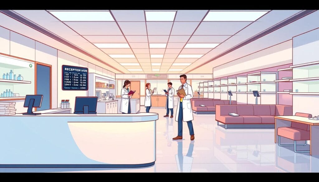 Biofutur : vos analyses médicales près de chez vous 1 A modern, well-lit medical laboratory interior with clean, sleek surfaces and state-of-the-art equipment. The reception desk is located prominently in the foreground, with a schedule of operating hours displayed on a digital screen. In the middle ground, lab technicians in white coats move purposefully between workstations, carrying samples and consulting medical charts. The background features rows of examination rooms and a waiting area with comfortable seating. The overall atmosphere conveys a sense of efficiency, professionalism, and accessibility, reflecting the "Biofutur: Medical Testing Close to Home" concept.