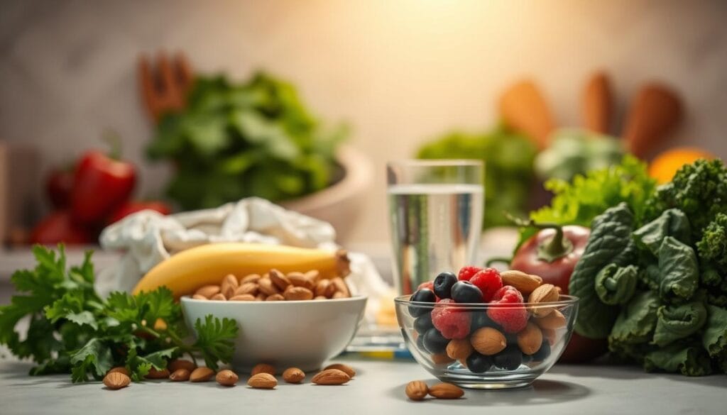 Crise d'acétone : aliments interdits et conseils nutritionnels 2 A neatly organized kitchen counter showcasing a variety of whole foods, including fresh vegetables, nuts, and low-glycemic fruits. Soft, warm lighting illuminates the scene, creating a soothing, inviting atmosphere. In the foreground, a bowl of berries and a handful of almonds sit alongside a glass of water, conveying a sense of balanced, nutritious sustenance. The middle ground features a selection of leafy greens and colorful produce, hinting at the diverse, healthy options available for a preventive ketosis diet. The background fades into a calming, minimalist backdrop, allowing the food items to take center stage and inspire a sense of calm and control over the acetone crisis.