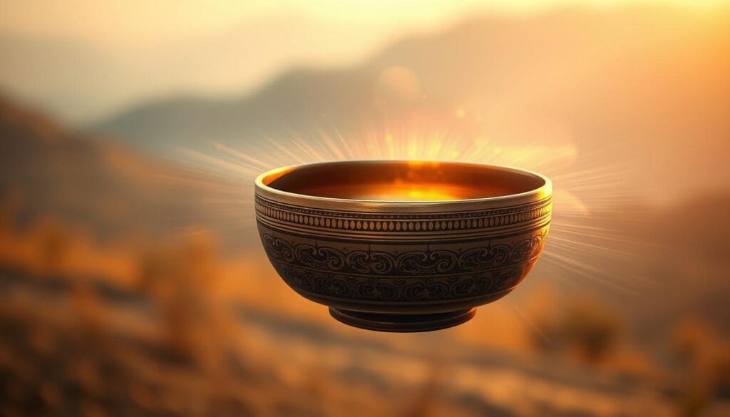 Bol tibétain : effets secondaires et précautions d'usage 3 A peaceful Tibetan singing bowl floating in a serene, ethereal space, casting vibrant sonic waves and pulsing energy fields around it. The bowl is depicted in high detail, with intricate patterns and a warm, metallic sheen. The background is a tranquil, softly blurred landscape, bathed in warm, diffused lighting that creates a calming, meditative atmosphere. The composition emphasizes the bowl's power to generate soothing, therapeutic vibrations, conveying the concept of "sons vibrations précautions" through visual metaphor.