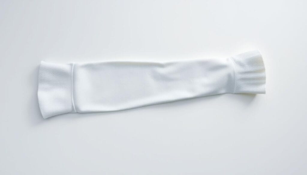 A pristine white compression stocking laid flat on a simple white background, meticulously lit from the side to reveal its subtle texture and sheen. The stocking is gently unfurled, showcasing its seamless construction and delicate ribbing. The lighting casts soft, diffused shadows that accentuate the contours, creating a sense of depth and volume. The overall mood is clean, clinical, and focused, inviting the viewer to examine the details of this everyday, yet essential, garment. A pristine white compression stocking laid flat on a simple white background, meticulously lit from the side to reveal its subtle texture and sheen. The stocking is gently unfurled, showcasing its seamless construction and delicate ribbing. The lighting casts soft, diffused shadows that accentuate the contours, creating a sense of depth and volume. The overall mood is clean, clinical, and focused, inviting the viewer to examine the details of this everyday, yet essential, garment.
