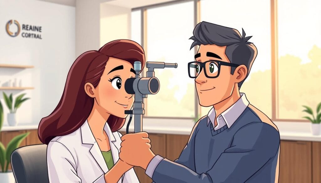 Grand Optical : lunettes, lentilles et examens vue 3 A professional optometrist providing personalized care to a patient, examining their eyes with a modern optical instrument in a well-lit, inviting clinic setting. The optometrist's face is focused and attentive, their hands steady as they meticulously assess the patient's vision. The patient appears relaxed and engaged, trusting the optometrist's expertise. Soft, natural lighting filters through large windows, casting a warm glow over the scene. The clinic's interior is sleek and contemporary, with clean lines, neutral tones, and subtle branding that conveys a commitment to quality and customer service.