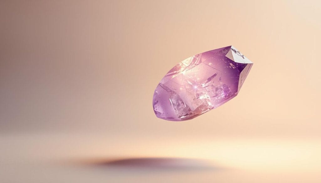 Améthyste : dangers potentiels et précautions à prendre 1 A radiant amethyst crystal, its facets shimmering under warm studio lighting, levitates against a serene backdrop of soft, muted tones. The crystal's surface emanates a gentle energy, its calming violet hues and intricate internal structures hinting at its metaphysical properties. The composition is framed by a clean, minimalist layout, allowing the amethyst's beauty and power to take center stage. The overall atmosphere conveys a sense of tranquility and contemplation, inviting the viewer to reflect on the crystal's potential benefits and risks in lithotherapy.