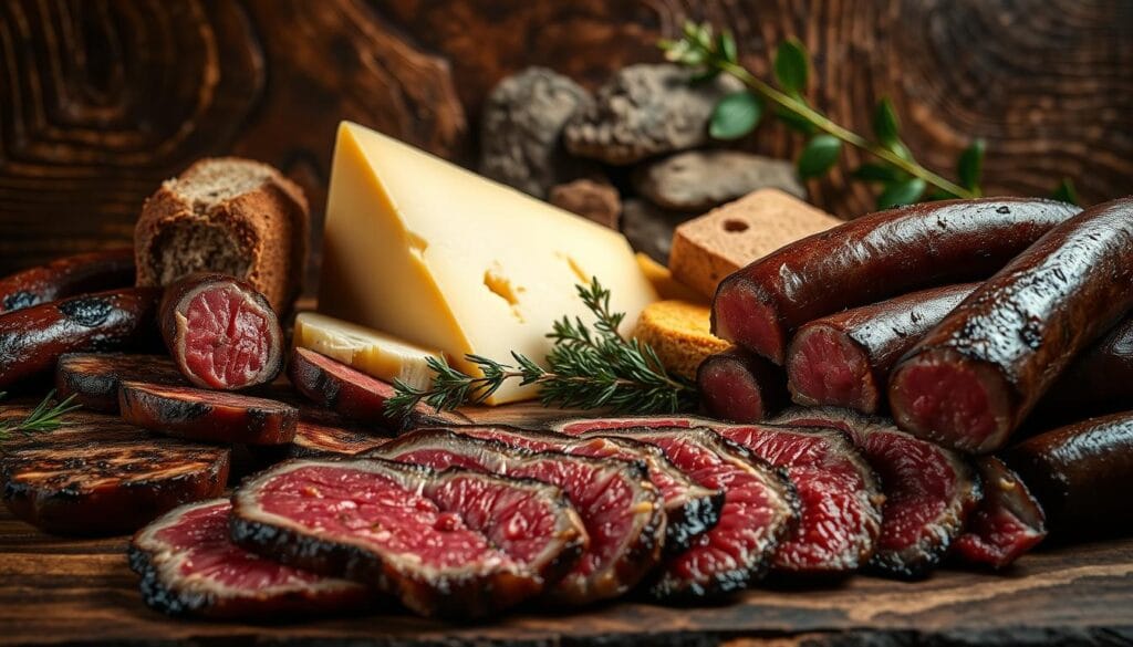 Caséum : 10 aliments à éviter pour prévenir sa formation 3 A savory arrangement of succulent red meats and creamy, aged cheeses set against a rustic, earthy background. In the foreground, thick slices of sizzling steak and juicy sausages are artfully displayed, their rich hues and glistening textures drawing the eye. In the middle ground, wedges of pungent, artisanal cheese in shades of ivory and amber are nestled alongside hearty bread and sprigs of fresh herbs. The background is a tapestry of warm, natural tones - weathered wood, stone, and hints of verdant foliage, creating a sense of depth and atmosphere. The lighting is soft and chiaroscuro, highlighting the texture and depth of the scene. The overall impression is one of rustic indulgence, a tempting tableau of savory delights.