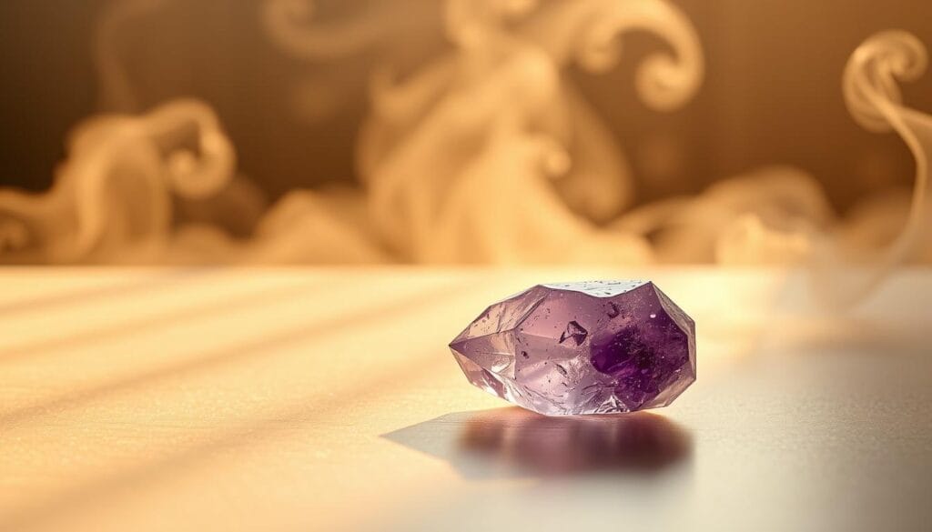 Améthyste : dangers potentiels et précautions à prendre 2 A serene, amethyst-hued crystal rests on a smooth, polished surface, bathed in a warm, golden light. The crystal's facets glimmer, reflecting the tranquil energy of the scene. In the background, a soft, ethereal mist swirls, creating a sense of purity and protection. The composition is balanced, with the crystal positioned centrally, its calming presence commanding the viewer's attention. The overall mood is one of security, rejuvenation, and the sacred power of the amethyst stone.